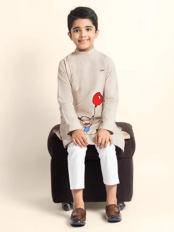 Beige_Printed_Kurta_With_Pyjama_For_Boy