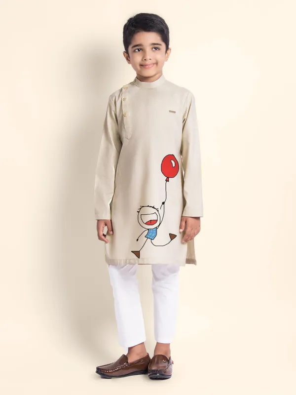 Beige_Printed_Kurta_With_Pyjama_For_Boy