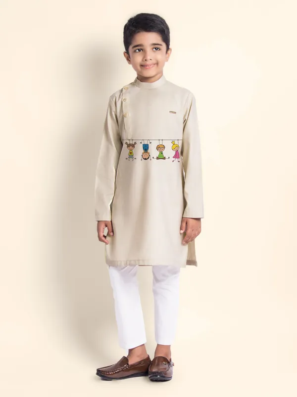 Beige_Printed_Kurta_With_Pyjama_For_Boy