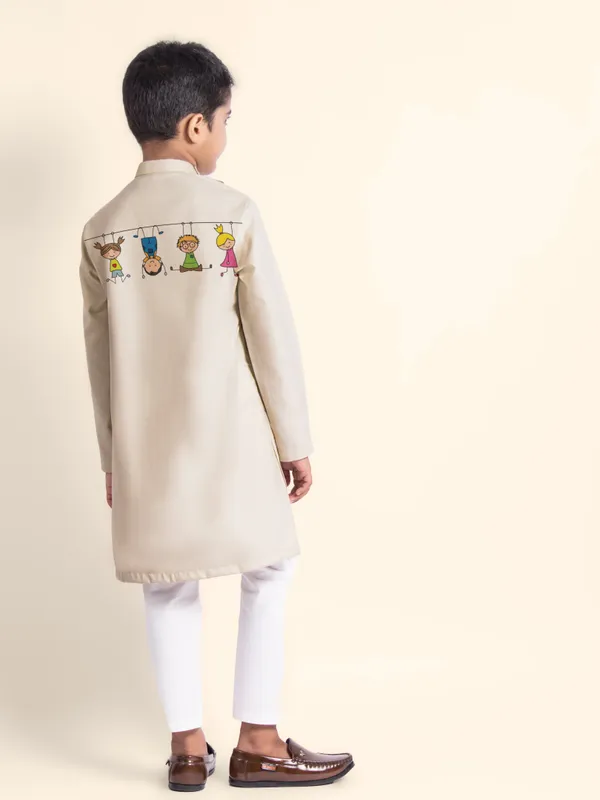 Beige_Printed_Kurta_With_Pyjama_For_Boy