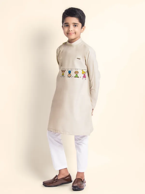 Beige_Printed_Kurta_With_Pyjama_For_Boy