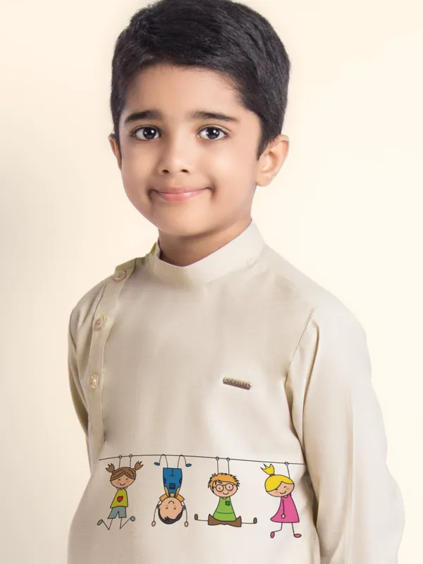 Beige_Printed_Kurta_With_Pyjama_For_Boy