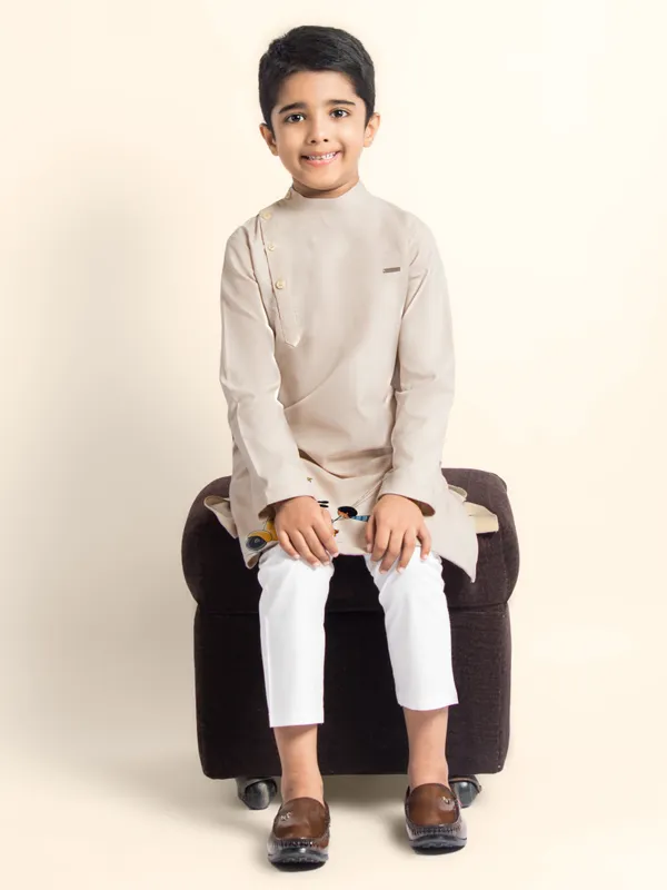 Beige_Printed_Kurta_With_Pyjama_For_Boy