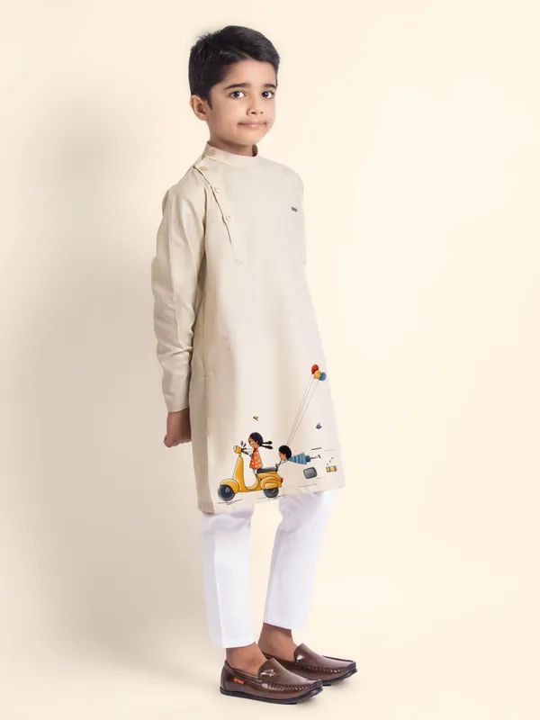 Beige_Printed_Kurta_With_Pyjama_For_Boy