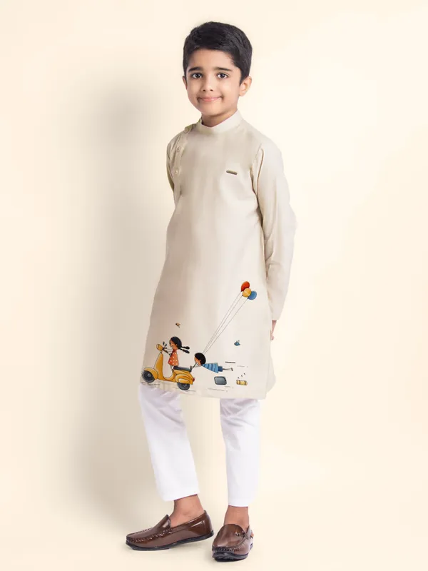 Beige_Printed_Kurta_With_Pyjama_For_Boy