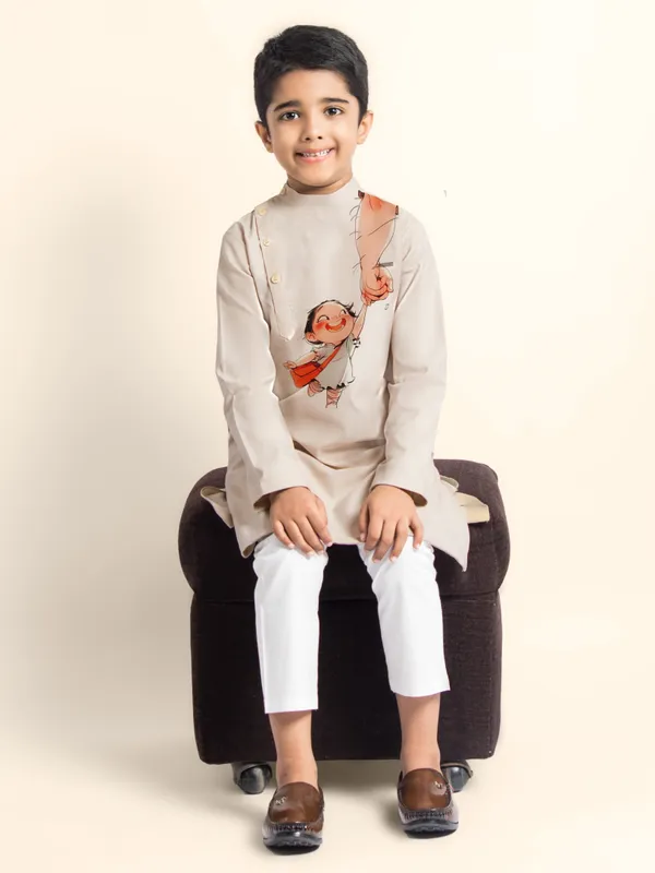 Beige_Printed_Kurta_With_Pyjama_For_Boy