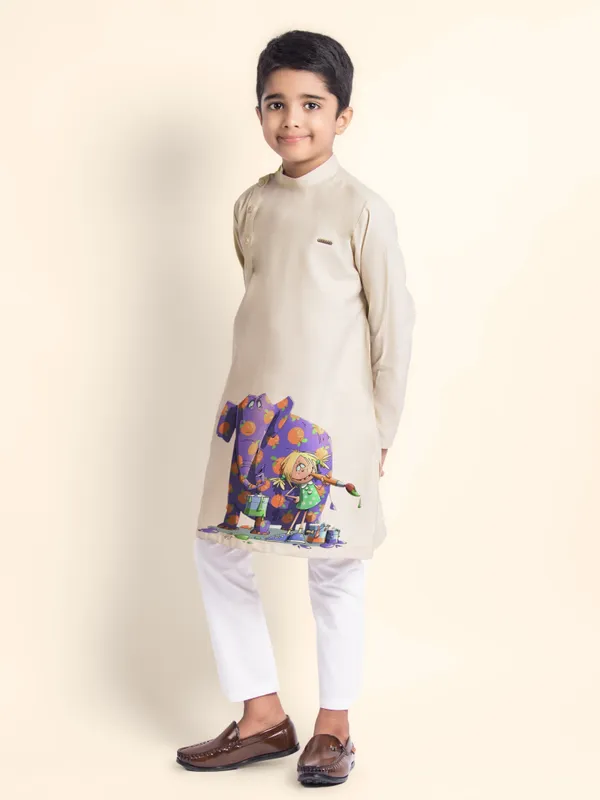Beige_Printed_Kurta_With_Pyjama_For_Boy
