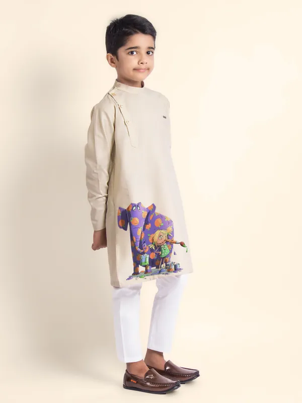 Beige_Printed_Kurta_With_Pyjama_For_Boy