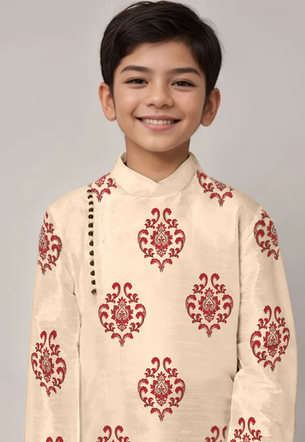 Boys_ArtSilk_Printed_Beige_Kurta