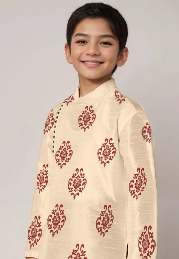 Boys_ArtSilk_Printed_Beige_Kurta