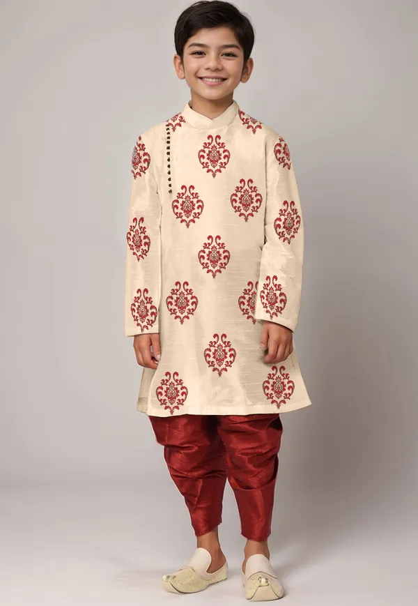 Boys_ArtSilk_Printed_Beige_Kurta