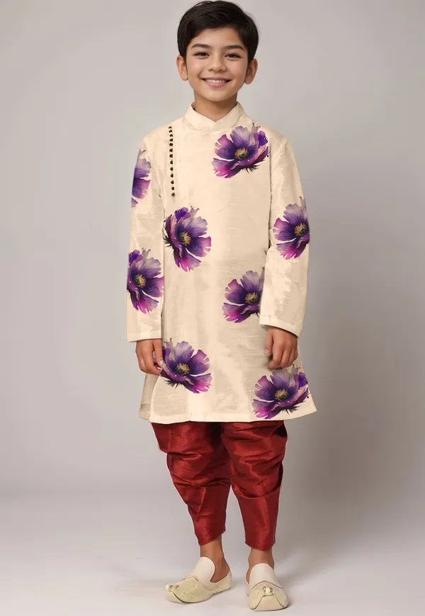 Boys_CottonPrinted_Beige_Kurta