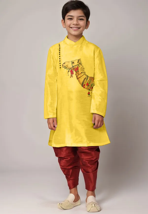 Boys_CottonPrinted_Yellow_Kurta