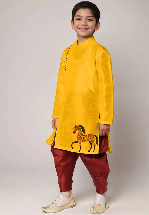 Boys_CottonPrinted_Yellow_Kurta