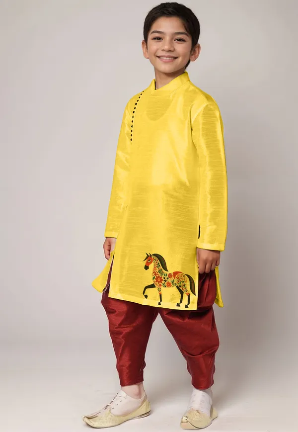 Boys_CottonPrinted_Yellow_Kurta