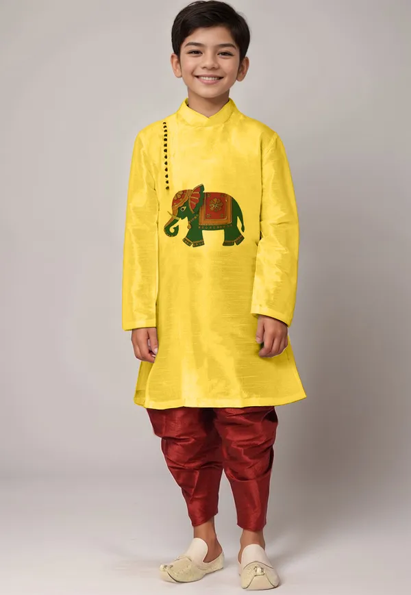 Boys_ArtSilk_Printed_Yellow_Kurta