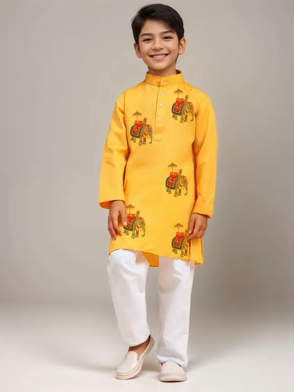Boys_CottonPrinted_Yellow_Kurta