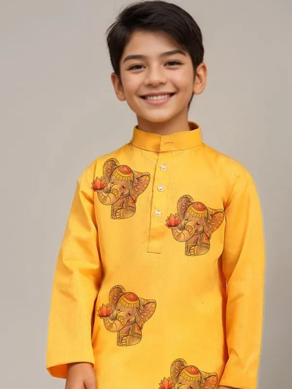 Boys_CottonPrinted_Yellow_Kurta
