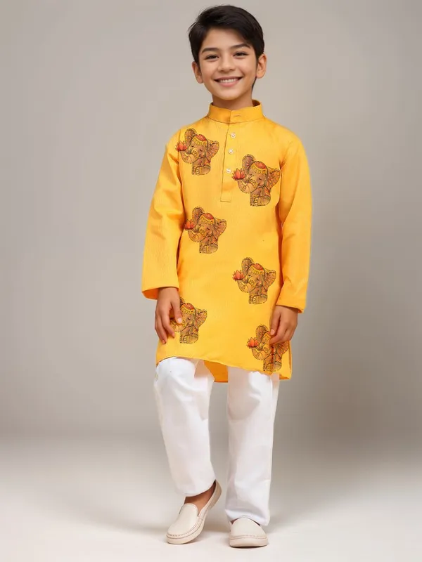 Boys_CottonPrinted_Yellow_Kurta