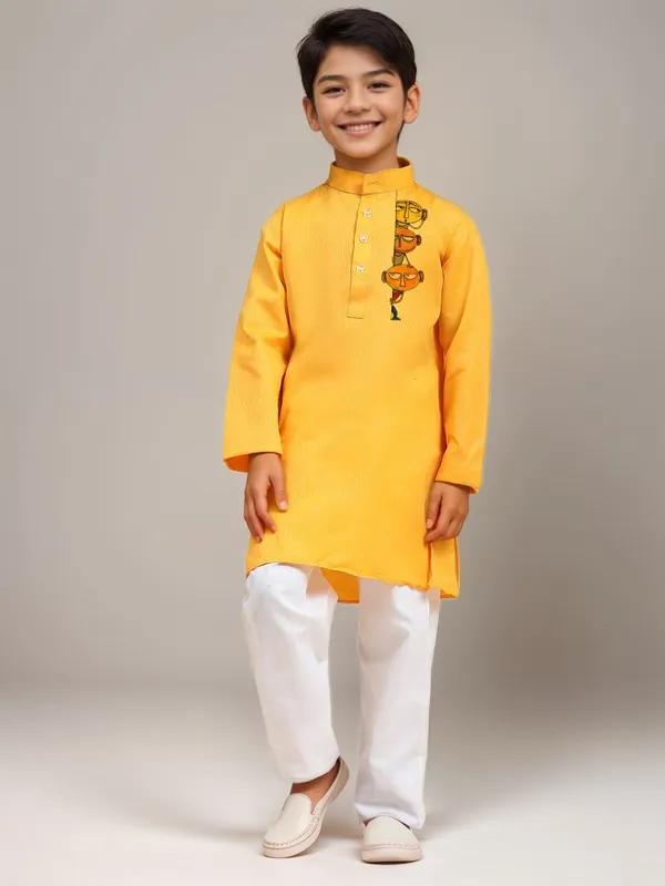 Boys_CottonPrinted_Yellow_Kurta