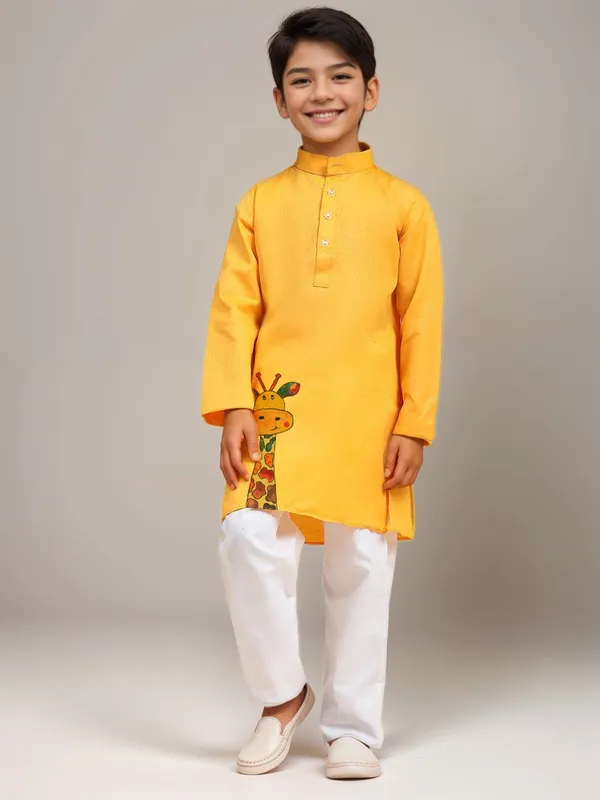 Boys_CottonPrinted_Yellow_Kurta