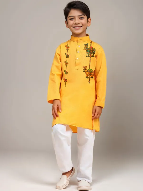 Boys_CottonPrinted_Yellow_Kurta