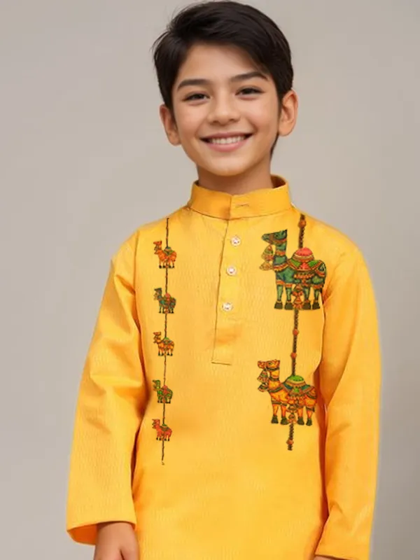 Boys_CottonPrinted_Yellow_Kurta