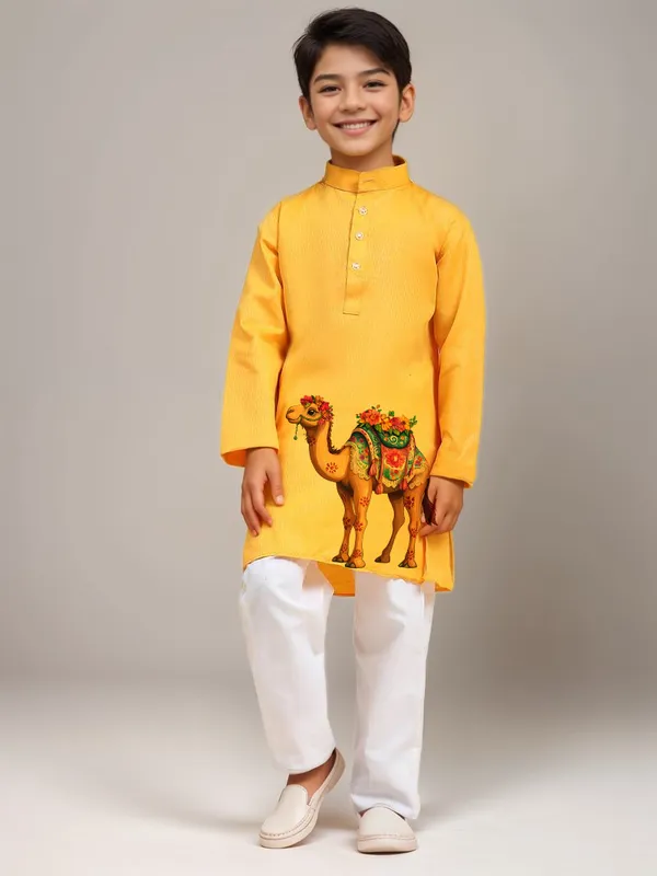 Boys_CottonPrinted_Yellow_Kurta