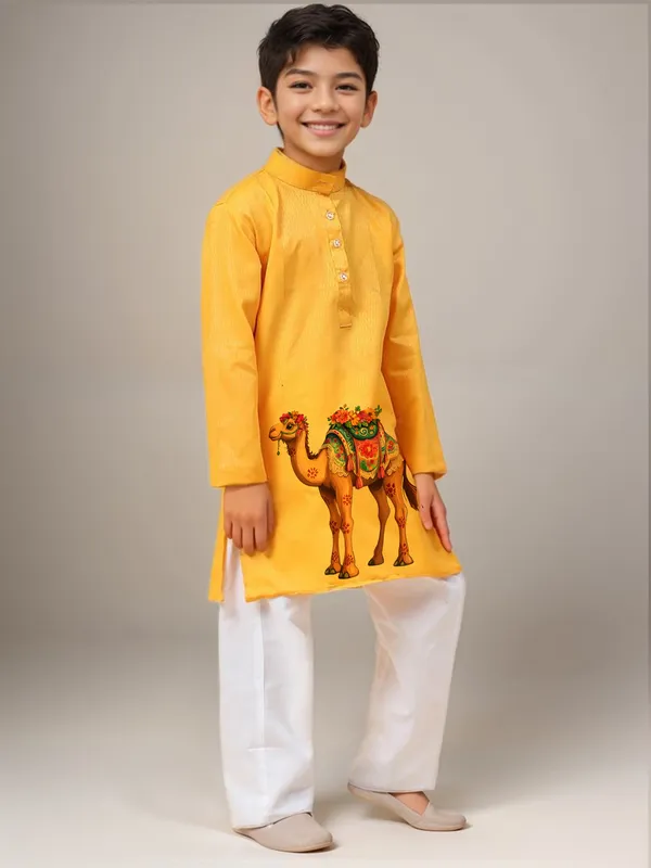 Boys_CottonPrinted_Yellow_Kurta