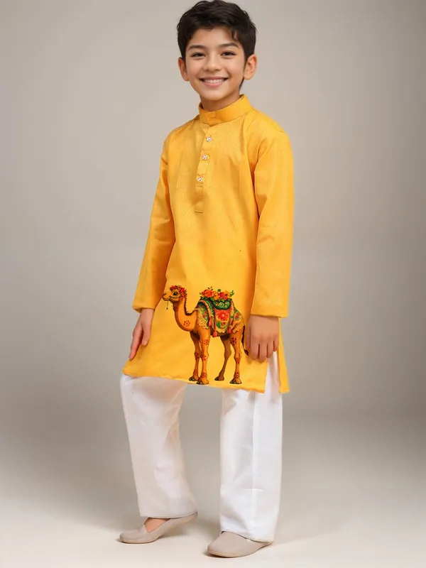 Boys_CottonPrinted_Yellow_Kurta