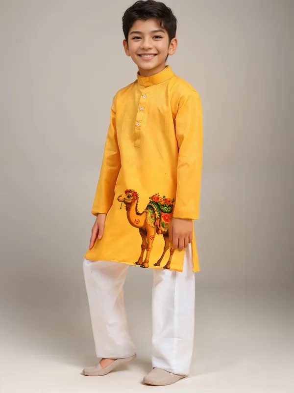 Boys_CottonPrinted_Yellow_Kurta