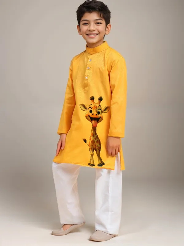 Boys_CottonPrinted_Yellow_Kurta