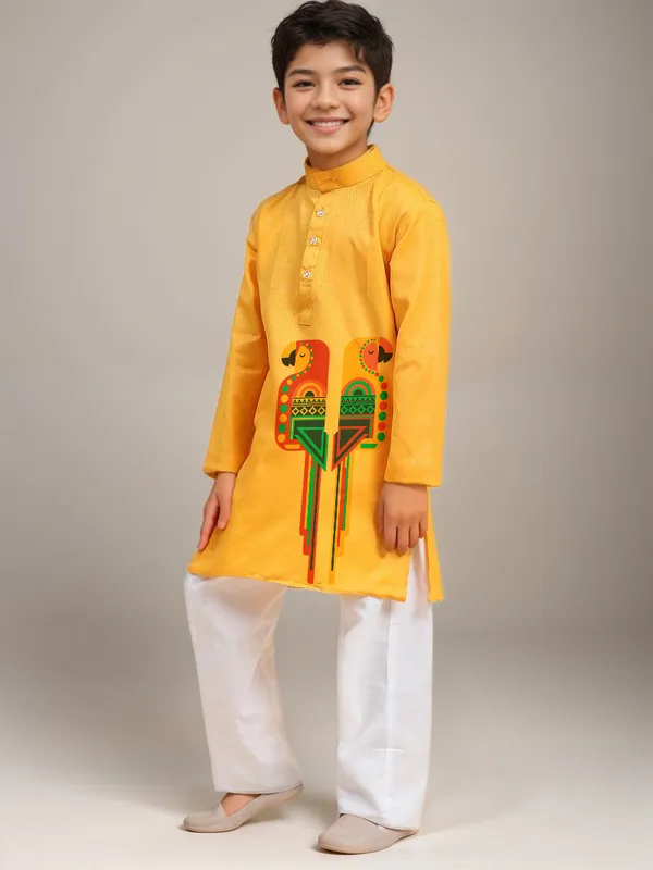 Boys_CottonPrinted_Yellow_Kurta