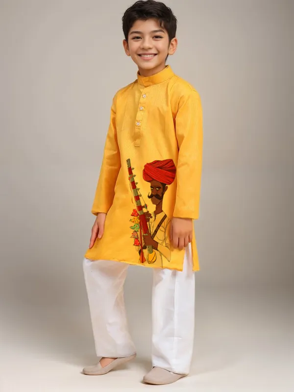 Boys_CottonPrinted_Yellow_Kurta