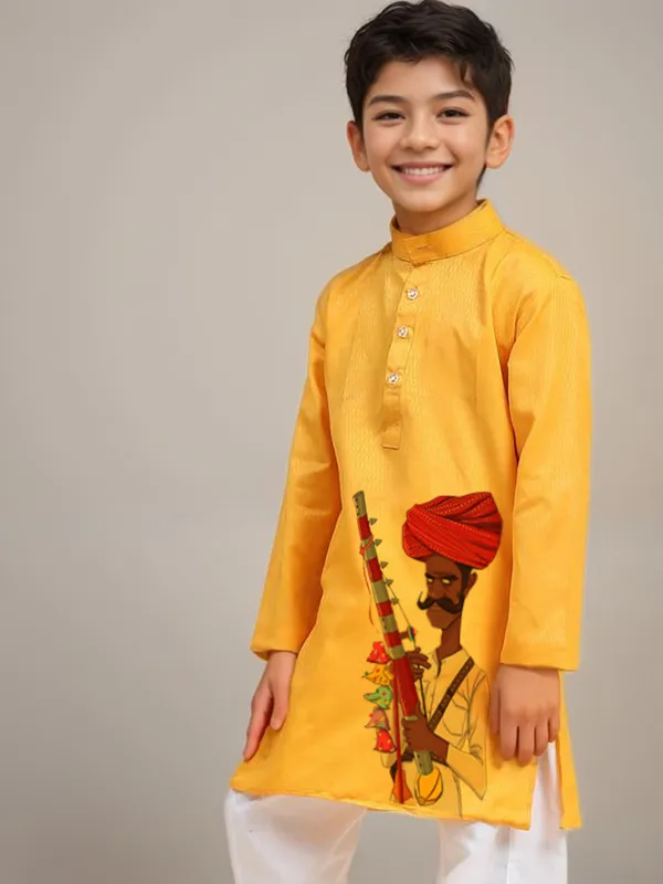 Boys_CottonPrinted_Yellow_Kurta