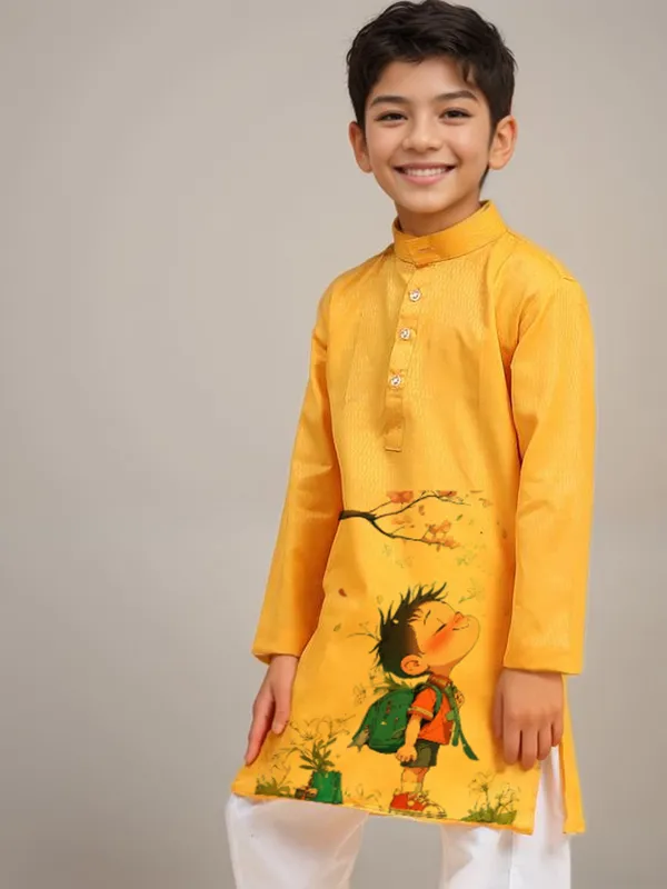Boys_CottonPrinted_Yellow_Kurta