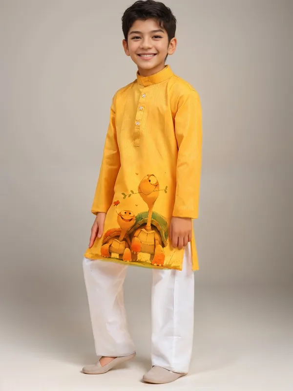 Boys_CottonPrinted_Yellow_Kurta