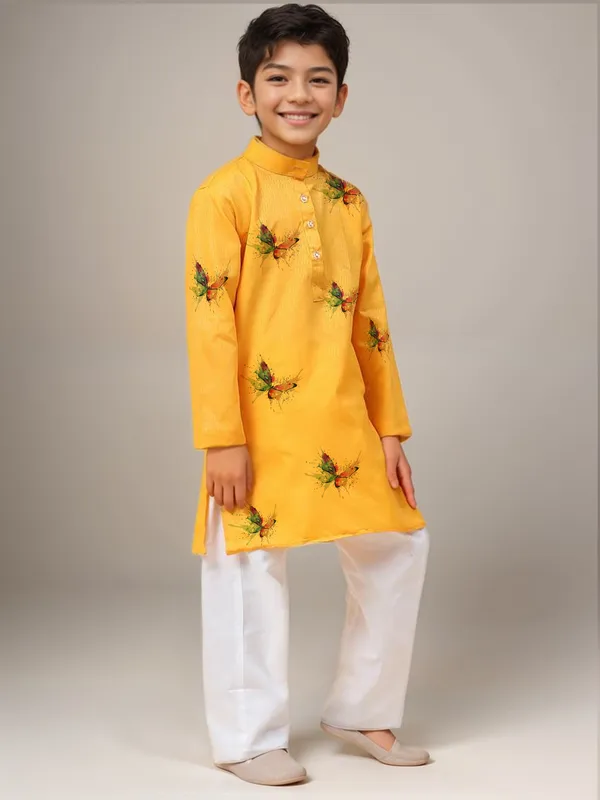 Boys_CottonPrinted_Yellow_Kurta
