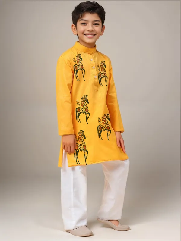 Boys_CottonPrinted_Yellow_Kurta