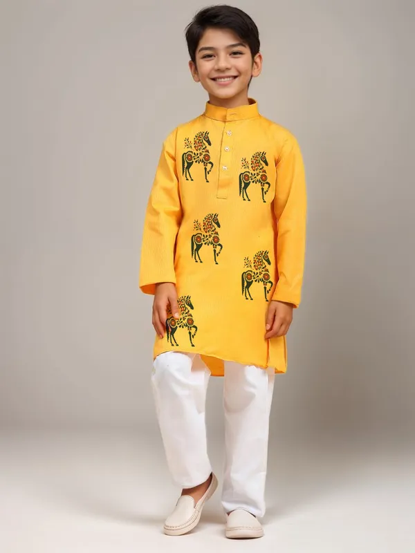 Boys_CottonPrinted_Yellow_Kurta