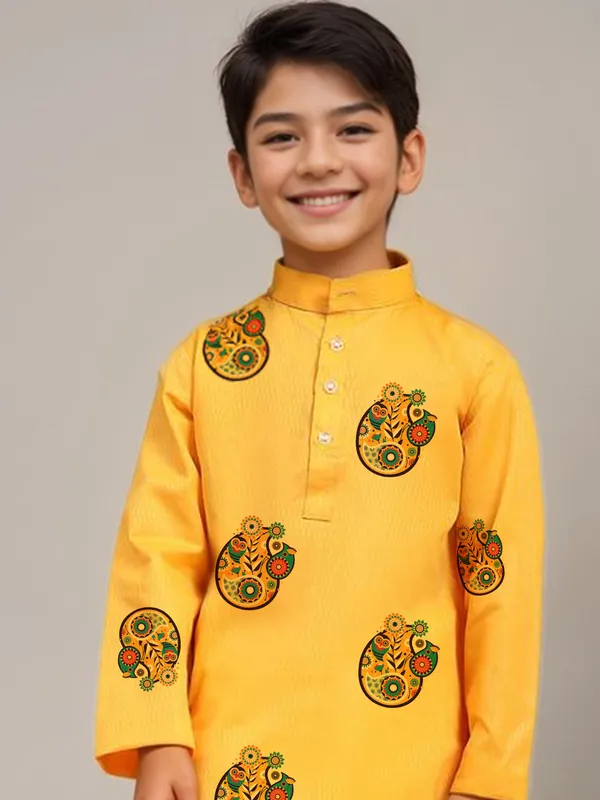 Boys_CottonPrinted_Yellow_Kurta