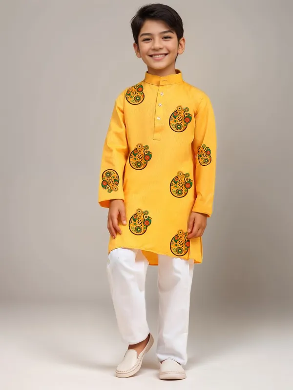 Boys_CottonPrinted_Yellow_Kurta