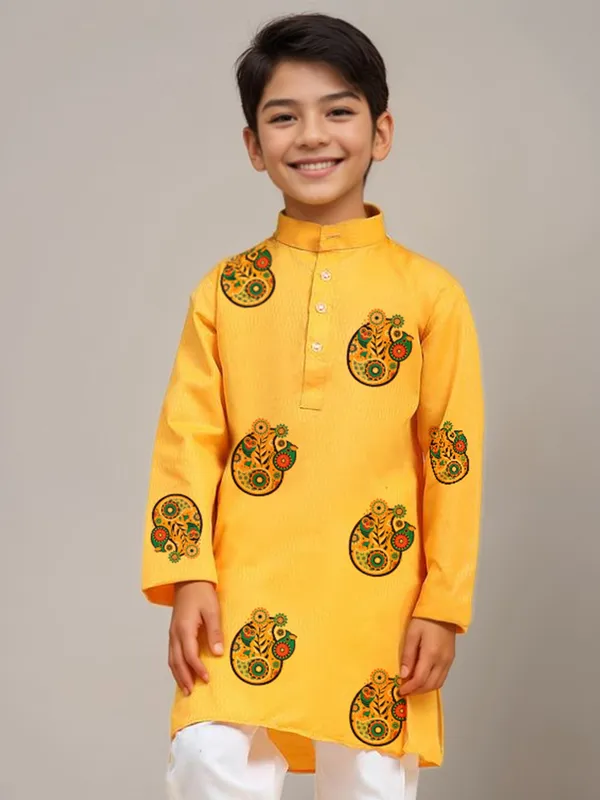 Boys_CottonPrinted_Yellow_Kurta
