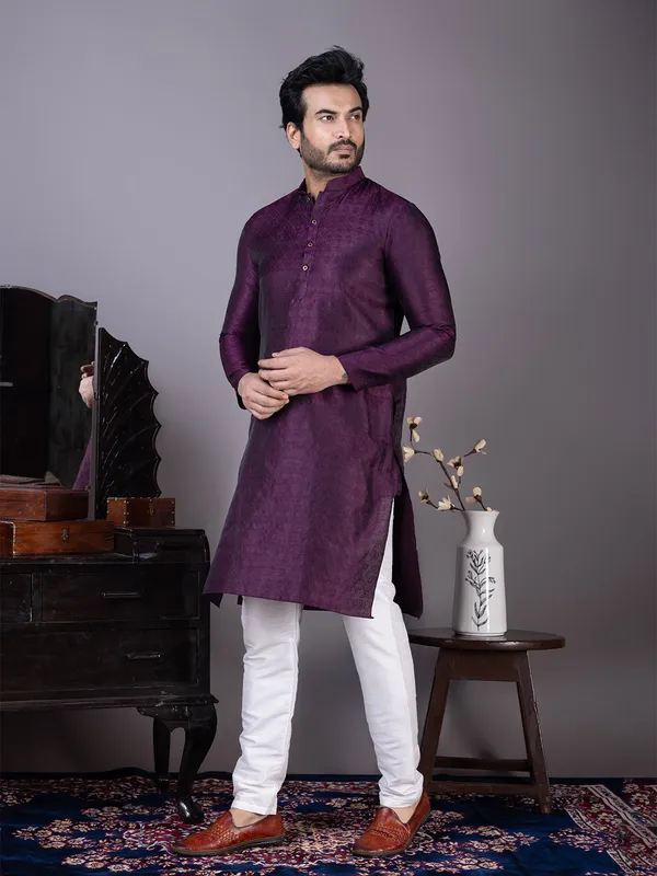 Purple_Mandarin_Collar_Jacquard_Kurta_With_Pyjama_For_Men