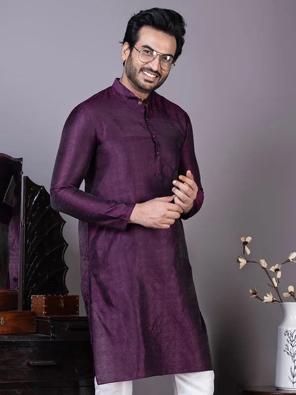 Purple_Mandarin_Collar_Jacquard_Kurta_With_Pyjama_For_Men