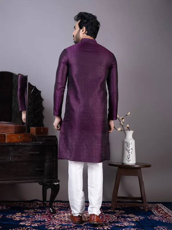 Purple_Mandarin_Collar_Jacquard_Kurta_With_Pyjama_For_Men