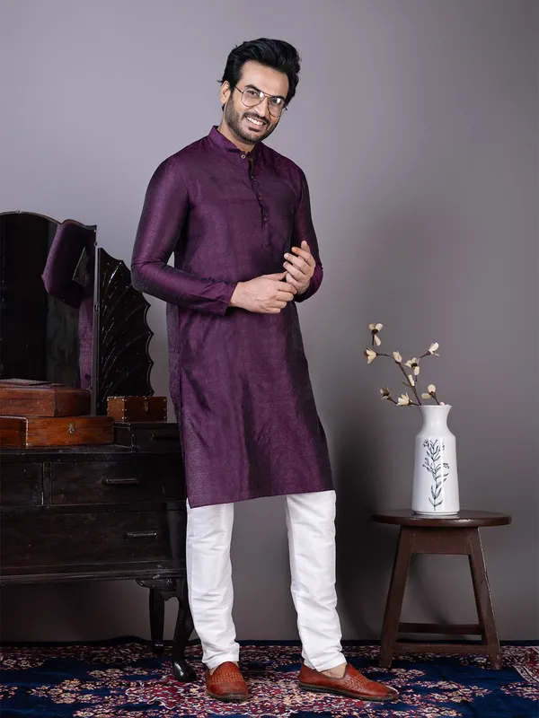 Purple_Mandarin_Collar_Jacquard_Kurta_With_Pyjama_For_Men