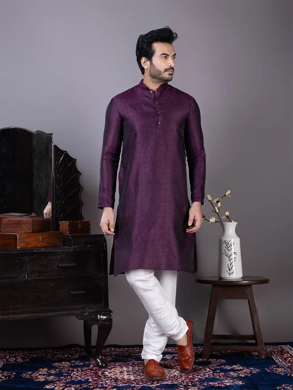 Purple_Mandarin_Collar_Jacquard_Kurta_With_Pyjama_For_Men