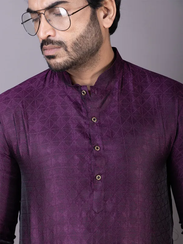 Purple_Mandarin_Collar_Jacquard_Kurta_With_Pyjama_For_Men