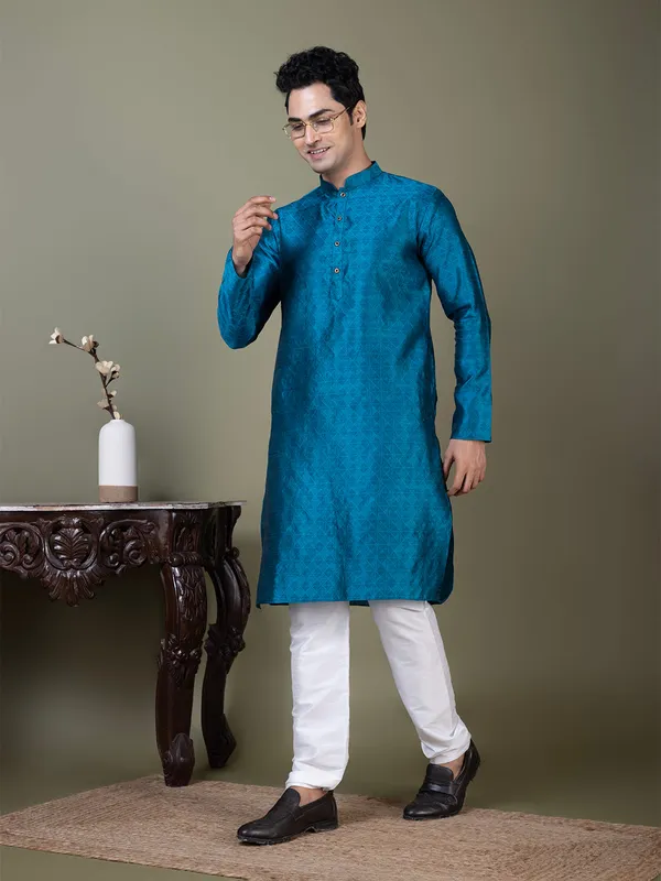 Blue_Mandarin_Collar_Jacquard_Kurta_With_Pyjama_For_Men